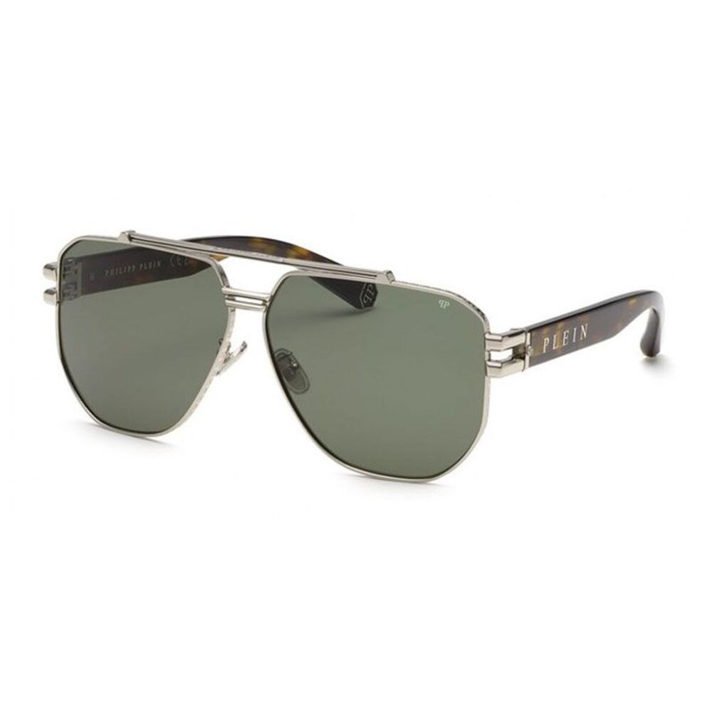 Philipp Plein Sunglasses Square Full Rim, Palladium Frame and Green Lens